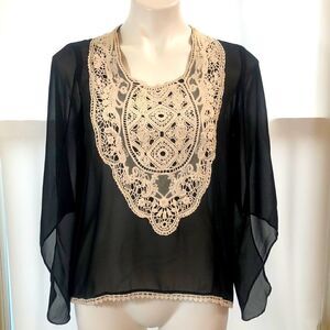 Umgee small crochet neckline black sheer blouse lace